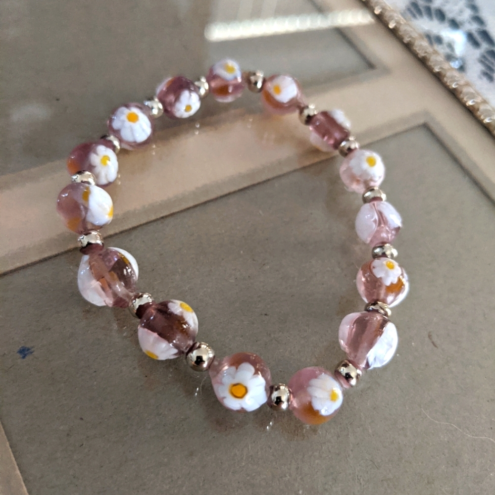 Women's Vintage Retro Bracelet Floral Pink White Beaded Fashion Fun Whimsy Gift